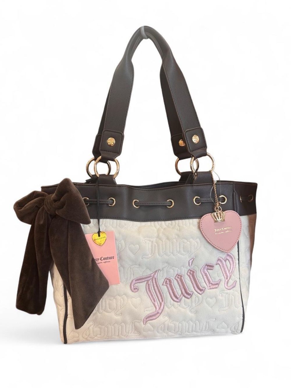 Juicy Couture “Vintage Couture” Daydreamer Tote, white/brown/pink letters